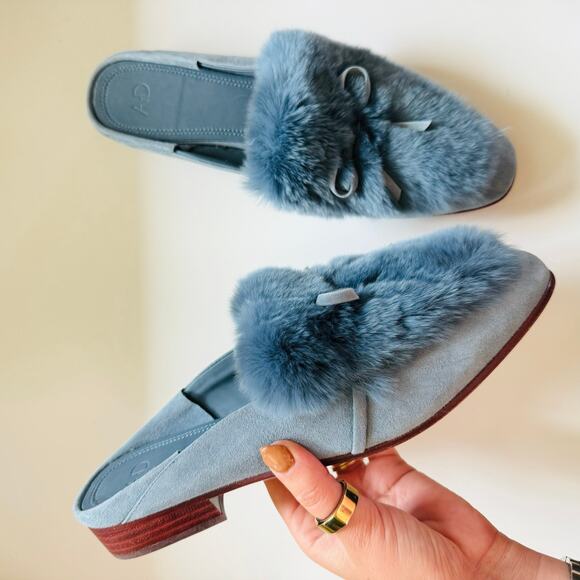 NEW AD DAUGHTER Blue Grey Rabbit Fur Flats Pointy Toe Bow Slides Mules Shoes 6.5 - Picture 2 of 14